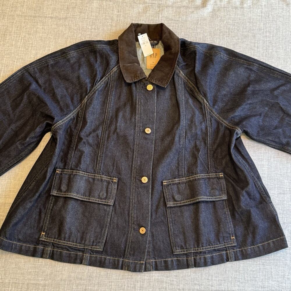 NWT Gap Swing Denim Jacket Womens XL Dark Indigo Corduroy Collar Oversized Barn